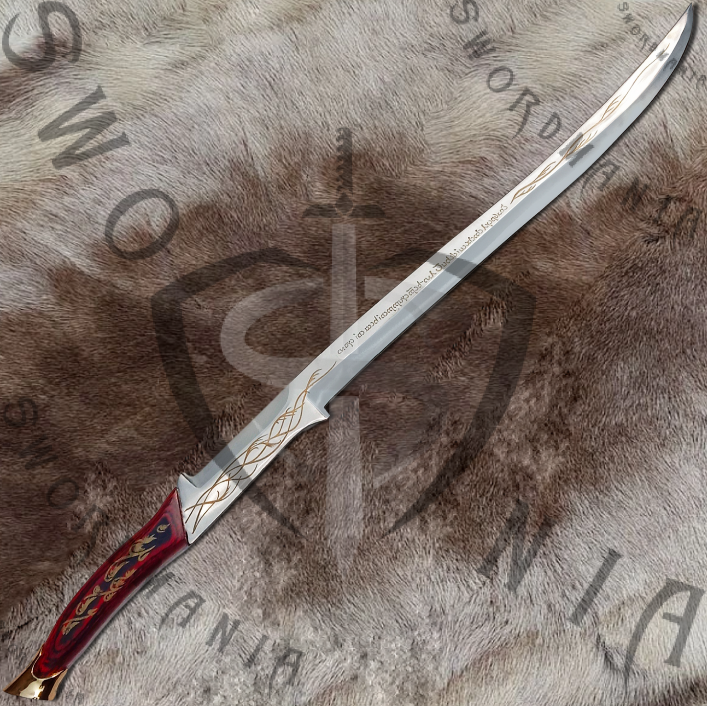 the blade of hadhafang sword is high gloss finish with fuller and contains elvish inscription to adore blade that pays homage to Elrond, the original owner of the sword .