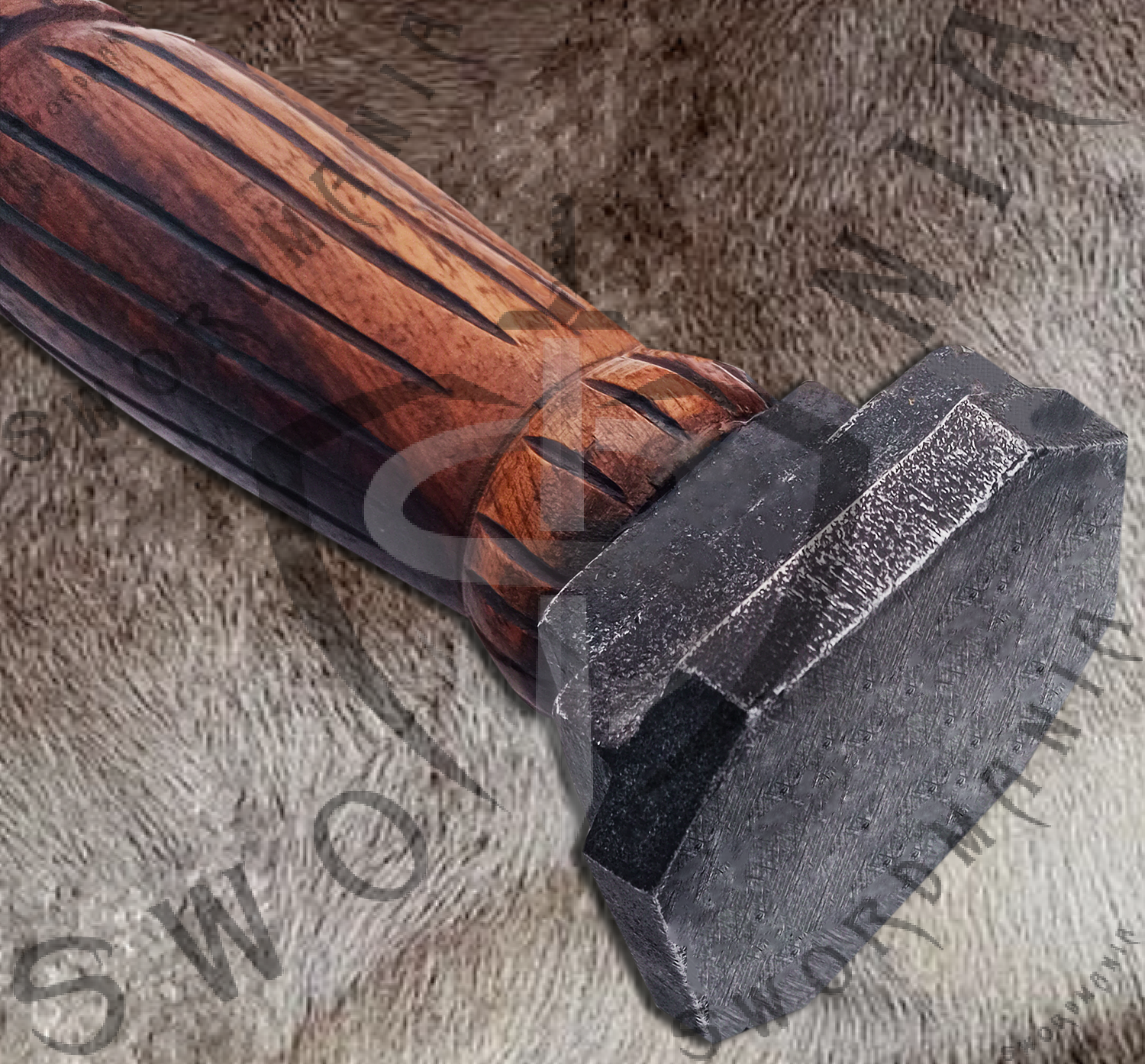 battle ready damascus dismounter sword features a damascus pommel and its handle is hand engraved wooden and featrures a plaque and scabbard