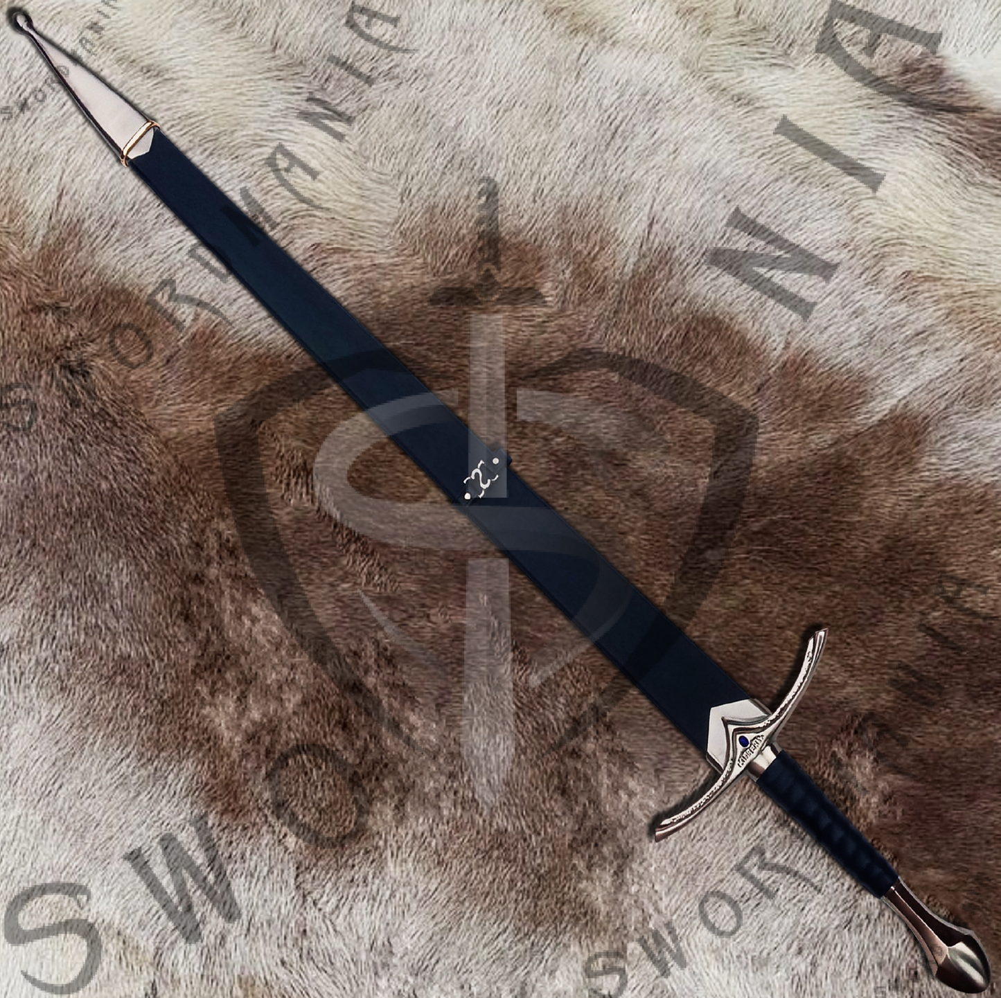 The scabbard of black glamdring sword is made up of wood and fitted with casted metal fittings and leather and fits precisely the sword .
