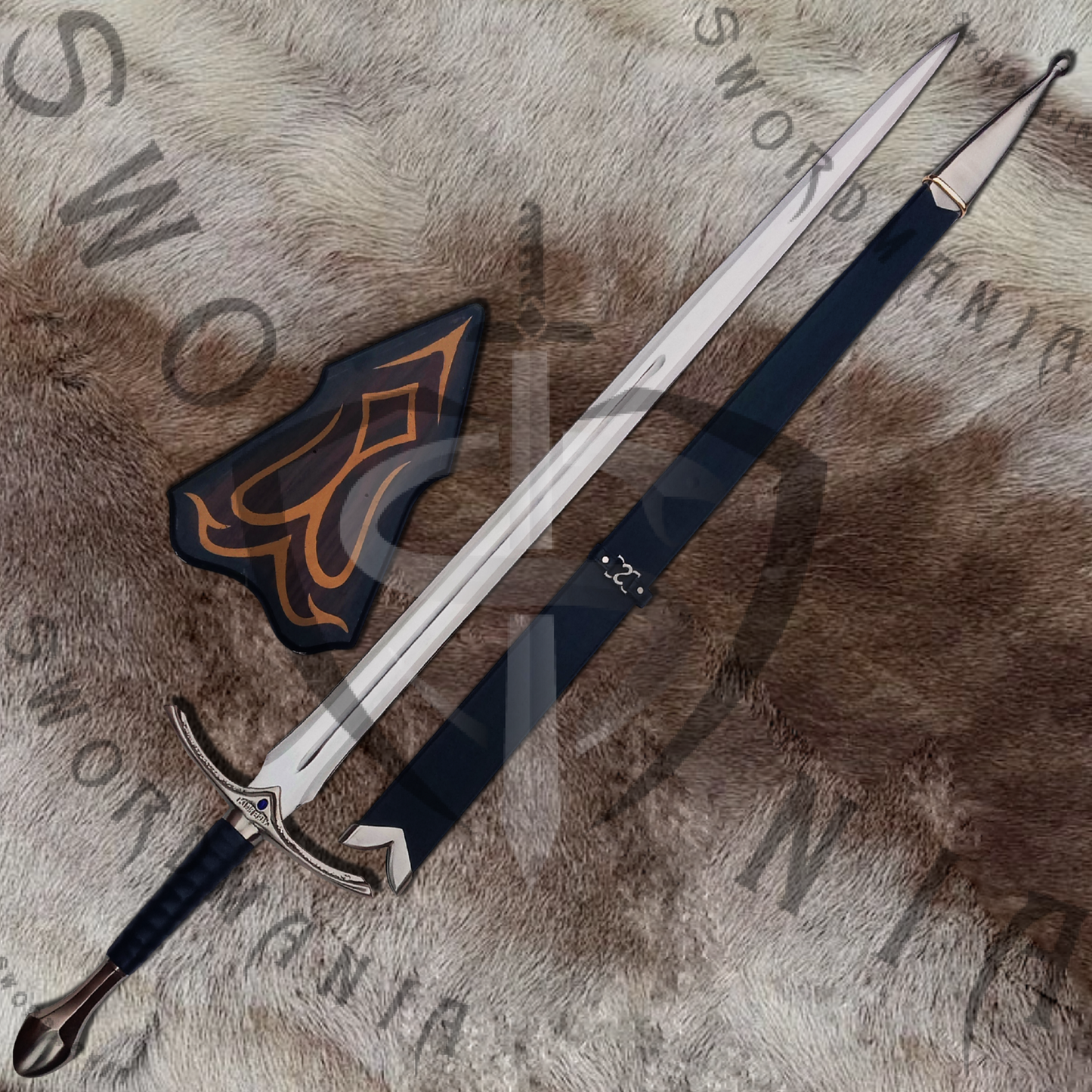 A complete set of LOTR Black Glamdring Sword of Gandalf a 45in sword, a wooden scabbard and a display plaque. Swordmania offers all of these in its replica of sword , starting from just $79 with FREE shipping options available in some parts of USA, Canada & UK.