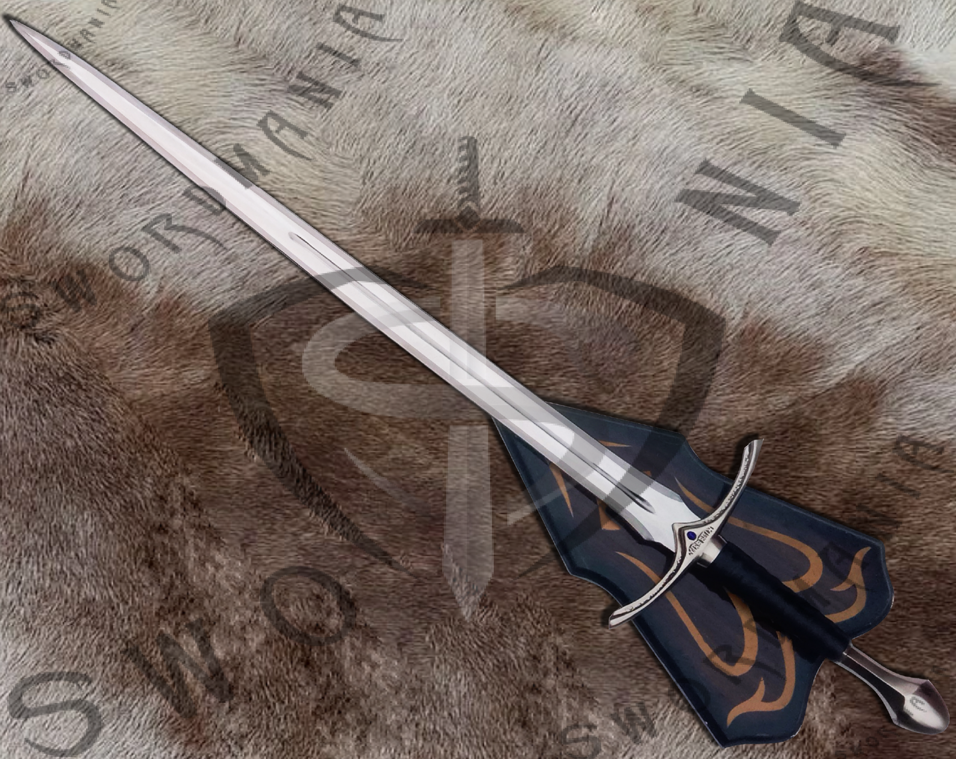 Black Glamdring  sword is handmade , hand forged full tang 45in full scale sword with a high polish finished blade that is edged and for its safety during carriage and for cosplay we added wooden silk printed plaque.