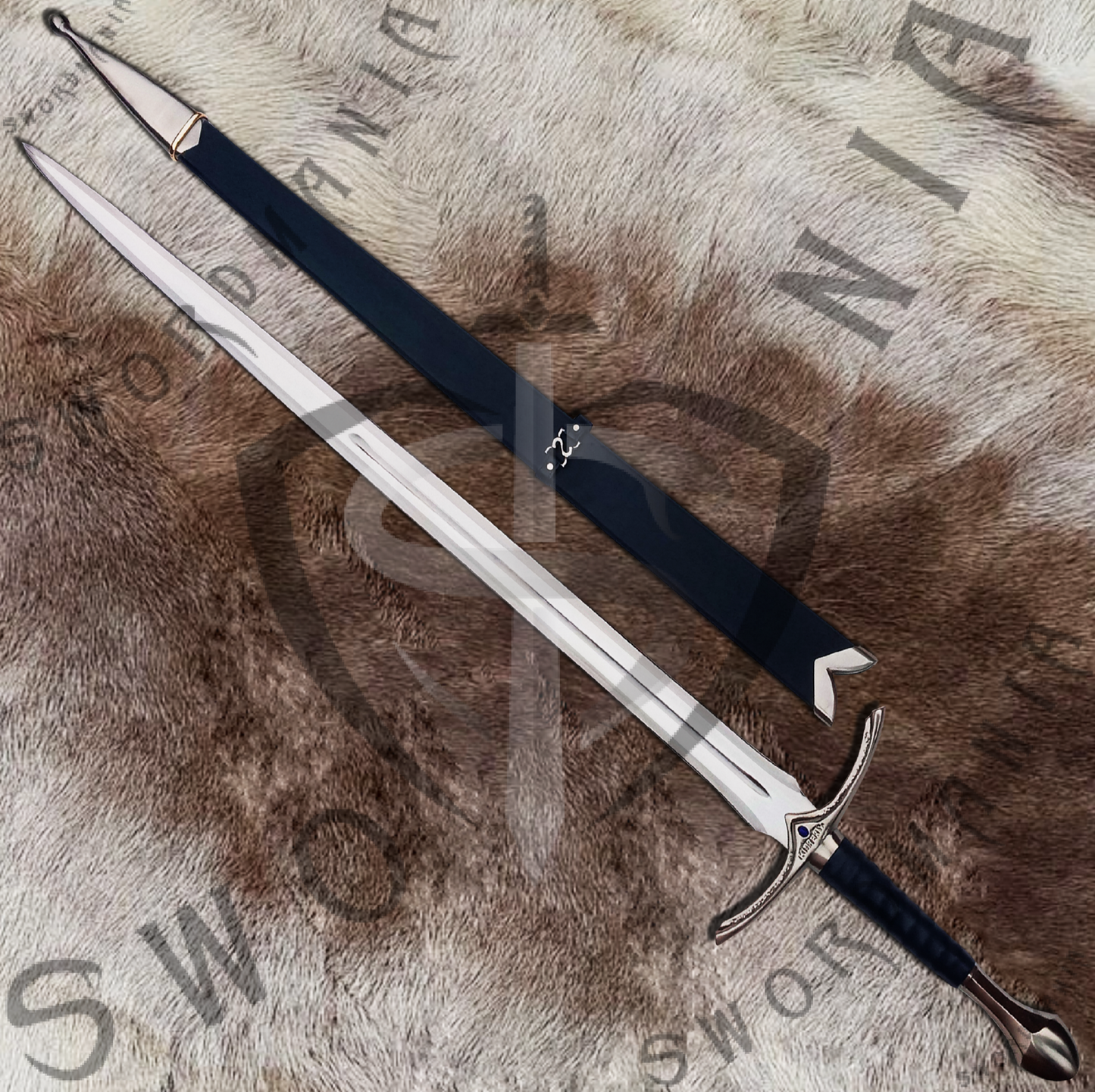 Black Glamdring replica sword is handmade, hand forged full tang 45in full scale sword with a high polish finished blade that is edged and for its safety during carriage and cosplay, we offer a free complimentary wooden scabbard stitched with pure leather to perfectly couple the high quality manufacturing of the sword of Gandlaf by expert swordsmiths at SWORDMANIA