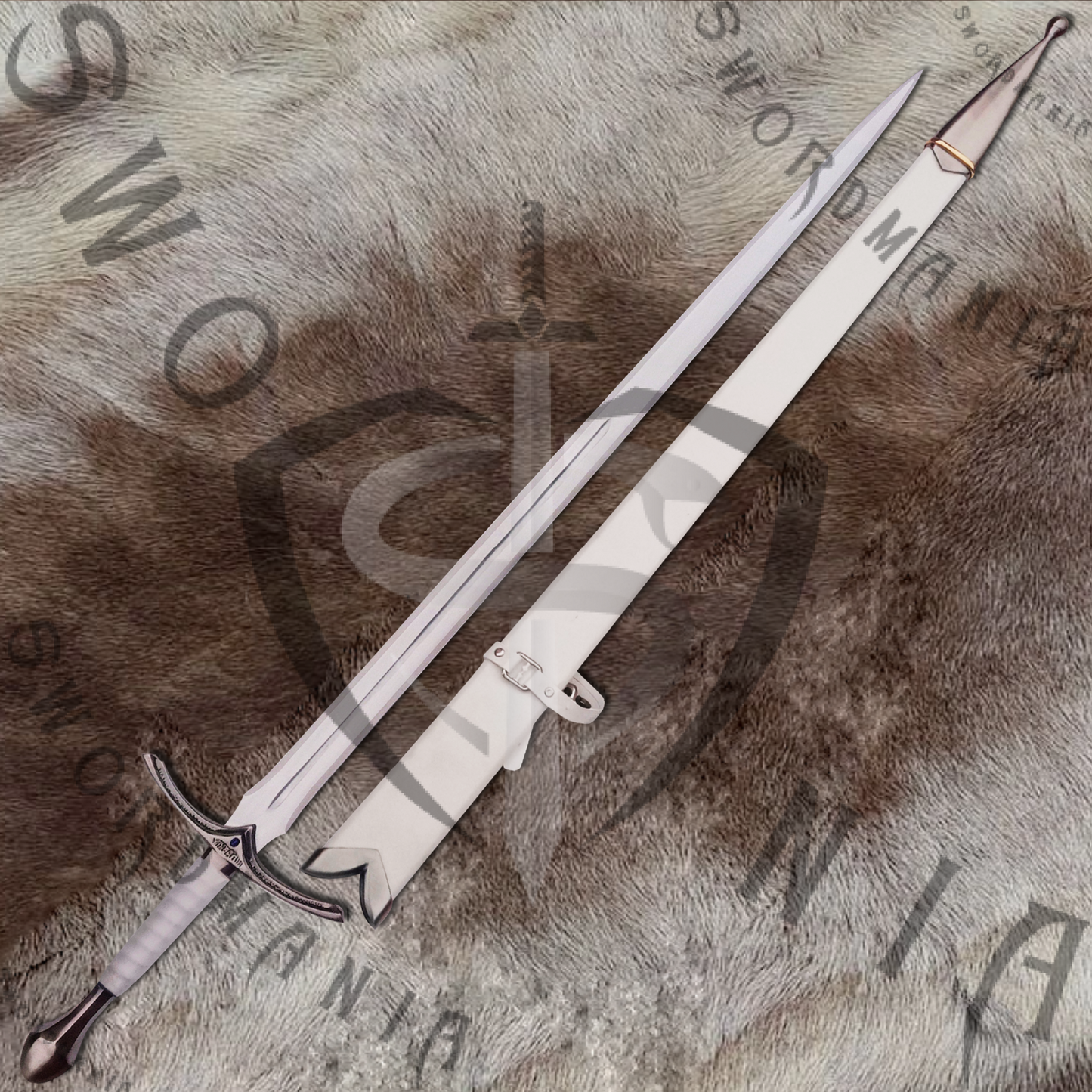 White Glamdring replica sword is handmade, hand forged full tang 45in full scale sword with a high polish finished blade that is edged and for its safety during carriage and cosplay, we offer a free complimentary wooden scabbard stitched with pure leather to perfectly couple the high quality manufacturing of the sword of Gandalf by expert swordsmiths at SWORDMANIA