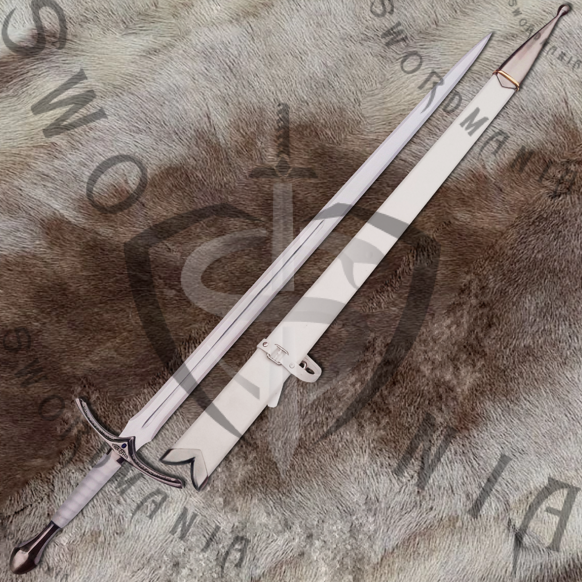White Glamdring replica sword is handmade, hand forged full tang 45in full scale sword with a high polish finished blade that is edged and for its safety during carriage and cosplay, we offer a free complimentary wooden scabbard stitched with pure leather to perfectly couple the high quality manufacturing of the sword of Gandlaf by expert swordsmiths at SWORDMANIA