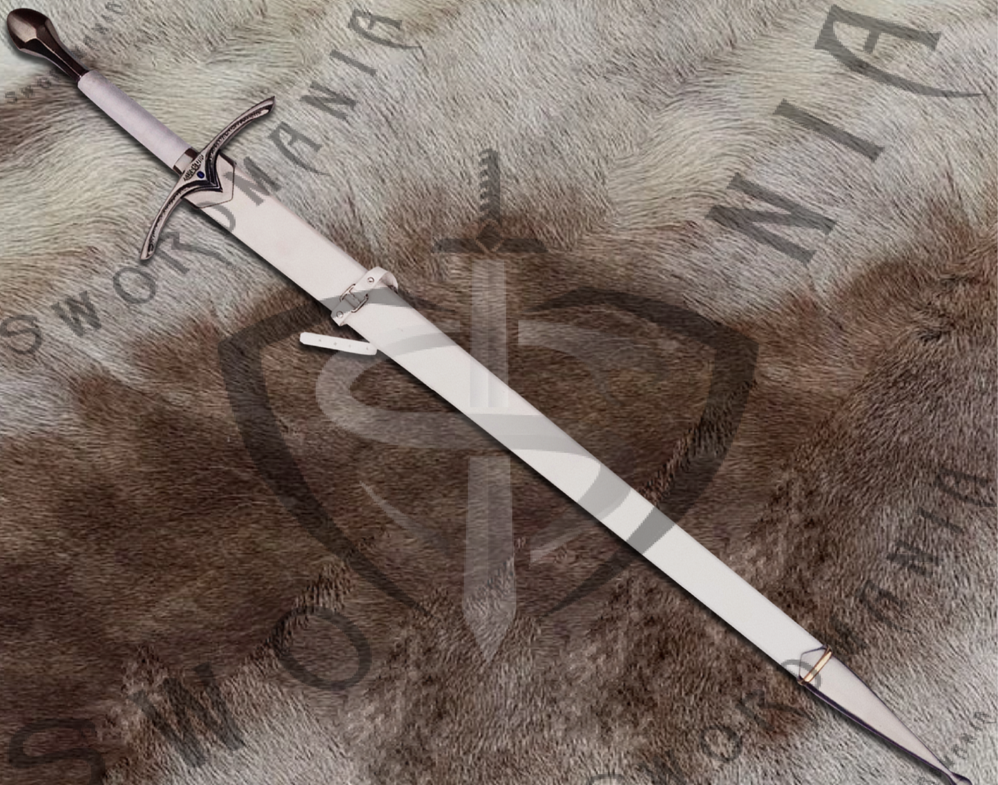 The scabbard of white glamdring sword is made up of wood and fitted with casted metal fittings and leather and fits precisely the sword .