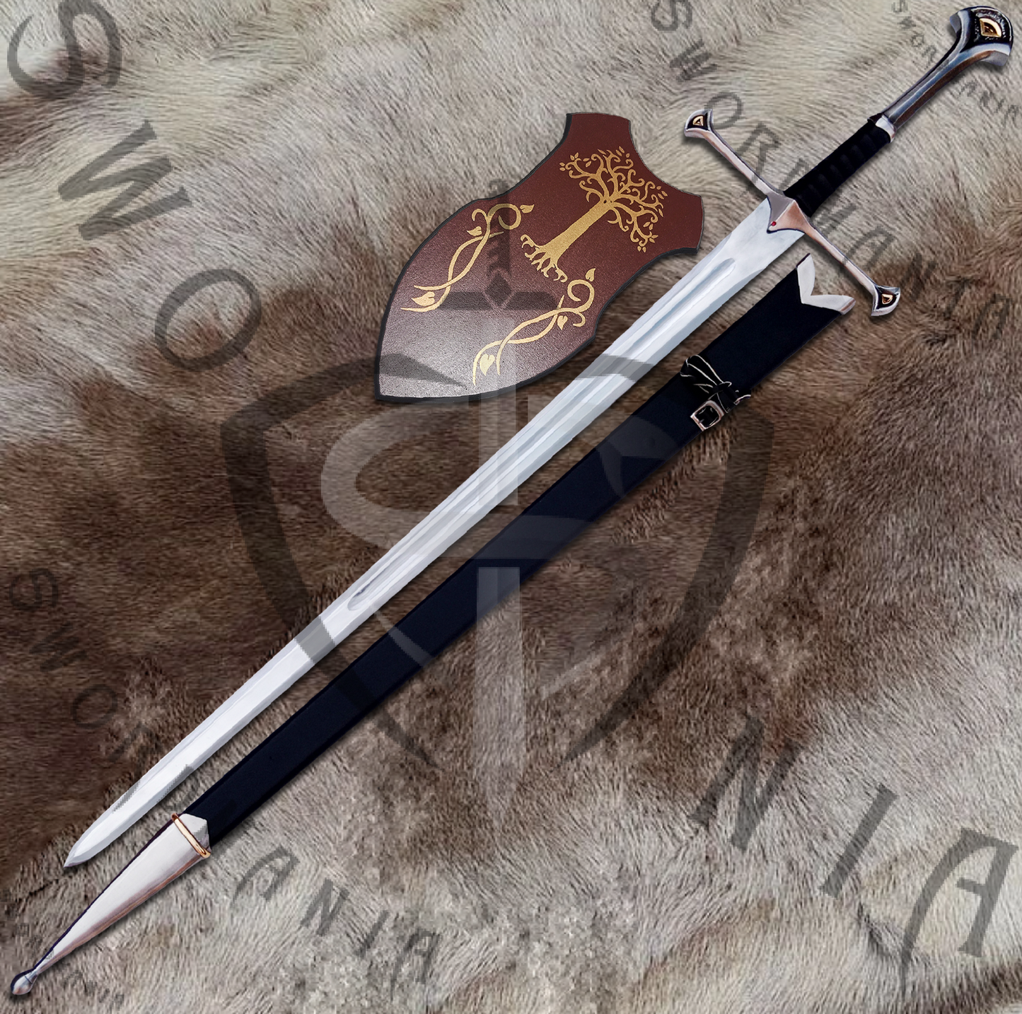 A complete set of Aragorn's Narsil Sword of King Elendil's Sword contains a 45in sword, a wooden scabbard and a display plaque. Swordmania offers all of these in its replica of Anduril Sword of Aragorn, starting from just $79 with FREE shipping options available in some parts of USA, Canada & UK.