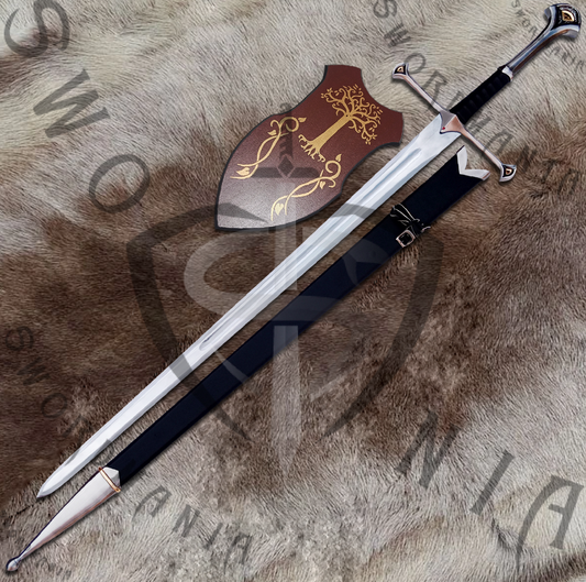 A complete set of Aragorn's Narsil Sword of King Elendil's Sword  contains a 45in sword, a wooden scabbard and a display plaque. Swordmania offers all of these in its replica of Anduril Sword of Aragorn, starting from just $79 with FREE shipping options available in some parts of USA, Canada & UK.