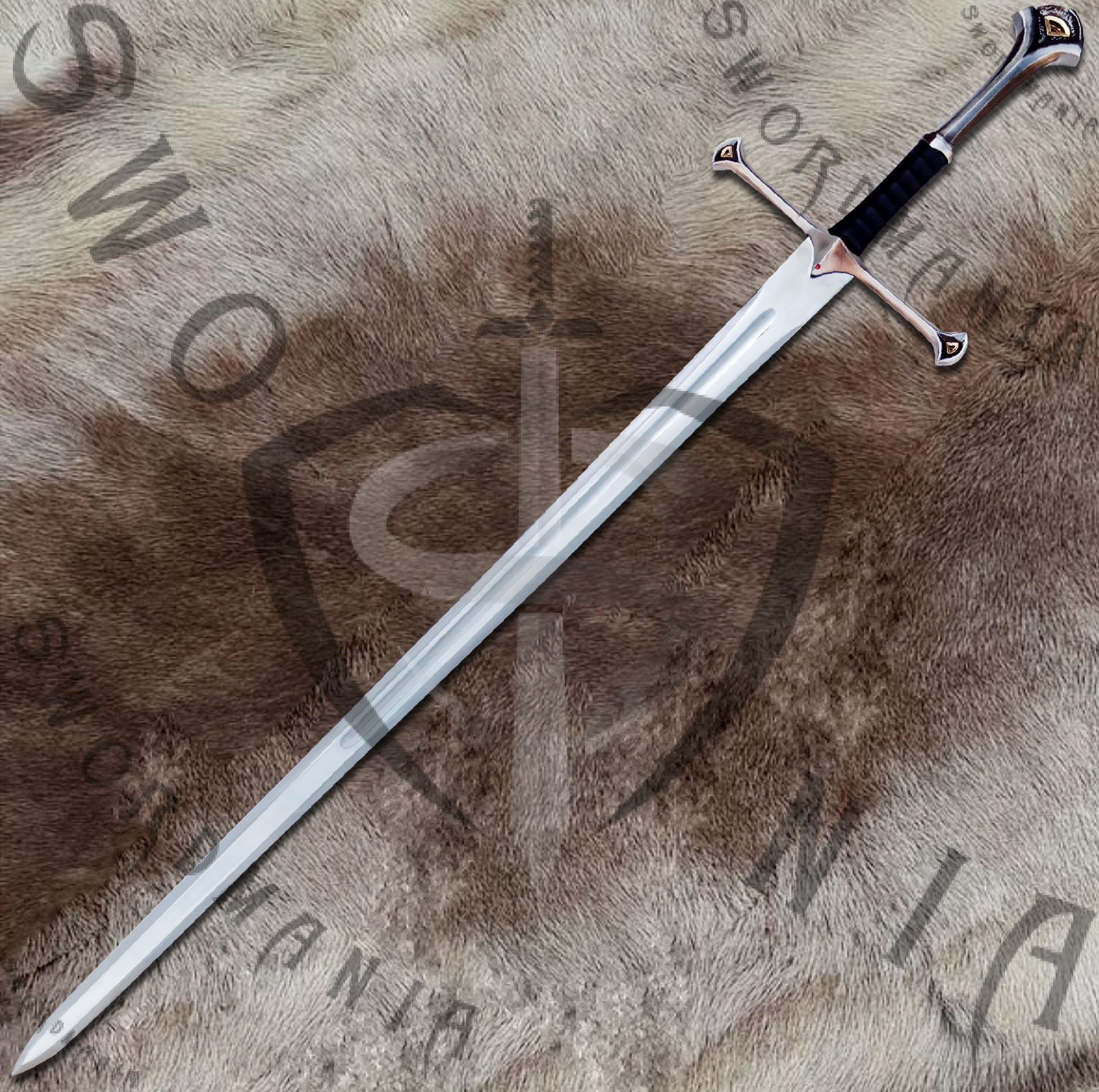 the blade of anduril sword is high gloss finish with fuller than contains  elvish inscriptions on it to adore the high polish blade that pays homage to Elendil who was original owner of Narsil Sword.