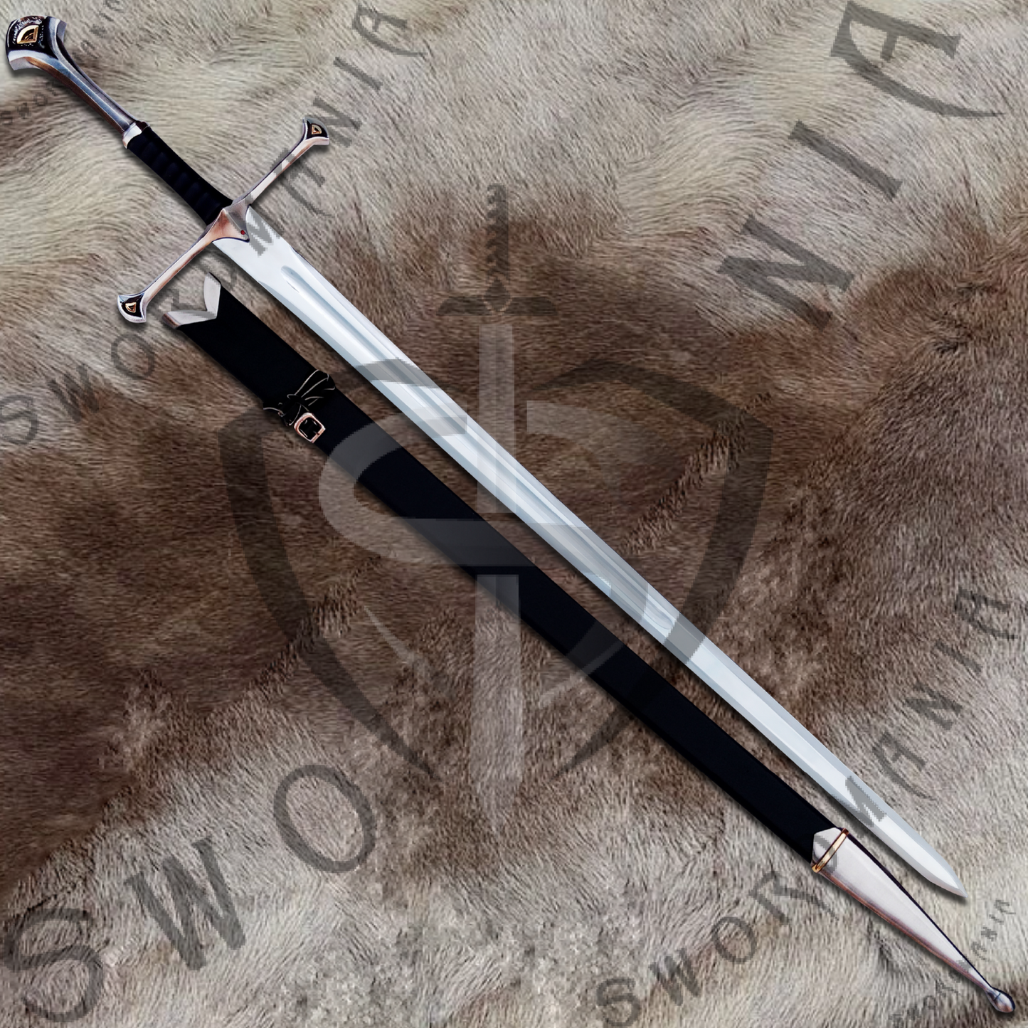 Narsil replica sword is handmade, hand forged full tang 45in full scale sword with a high polish finished blade that is edged and for its safety during carriage and cosplay, we offer a free complimentary wooden scabbard stitched with pure leather to perfectly couple the high quality manufacturing of the sword of Elendil by expert swordsmiths at SWORDMANIA