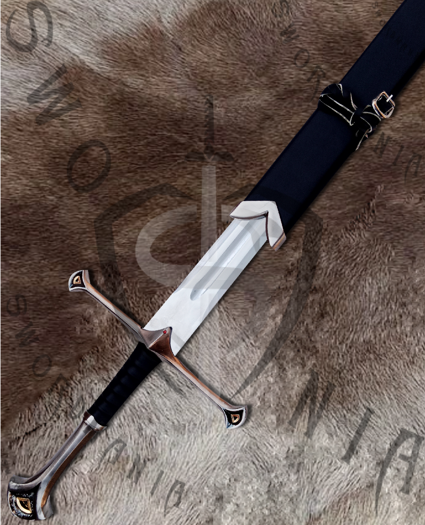the scabbard of narsil sword is made up of wood and fitted with casted metal fittings and leather and fits precisely the sword.