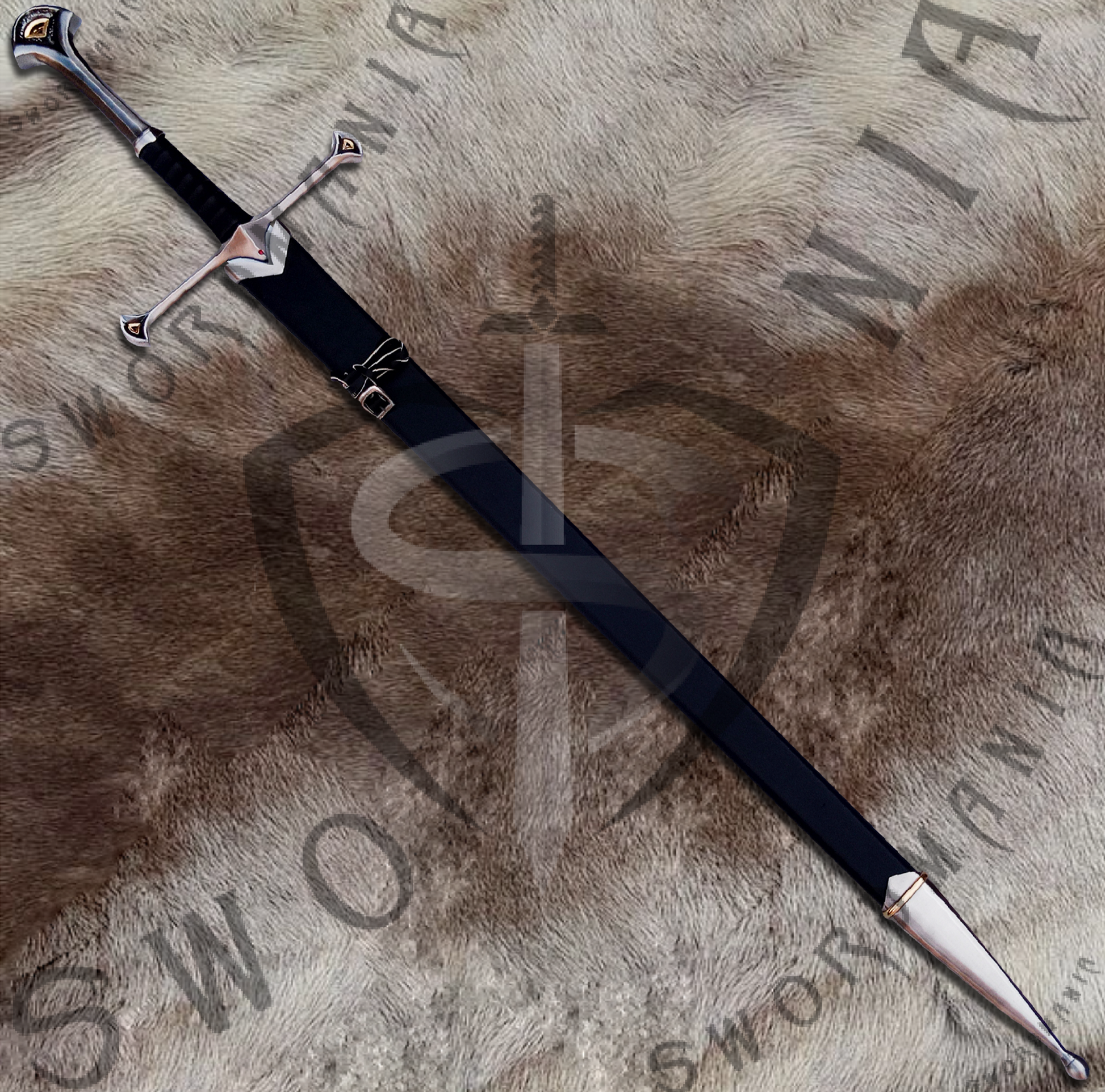 A wooden scabbard stitched with pure leather to perfectly couple the high quality manufacturing of the sword of Elendil is included.