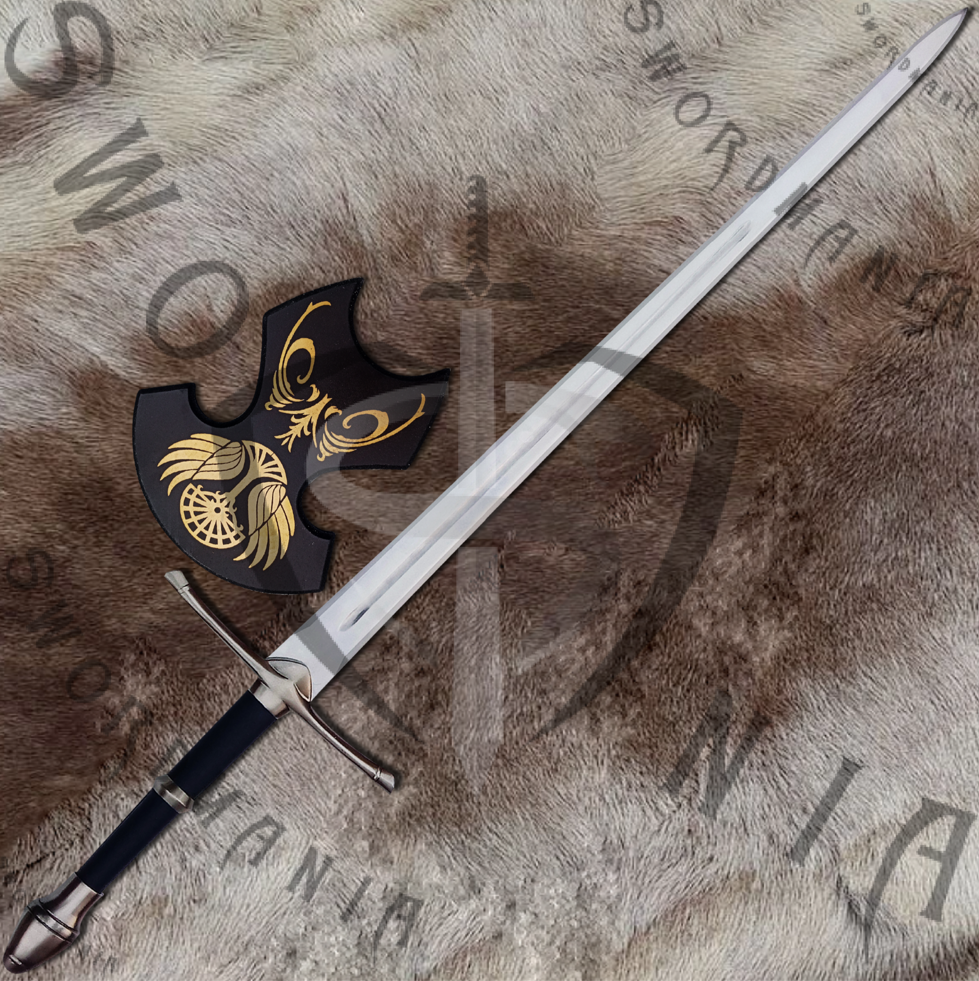to display your cosplay replica of LOTR  Aragorn's Black Strider Sword, we offer a FREE wooden complimentary plaque with metal fittings that allow you to display your sword with pride at your home or office.