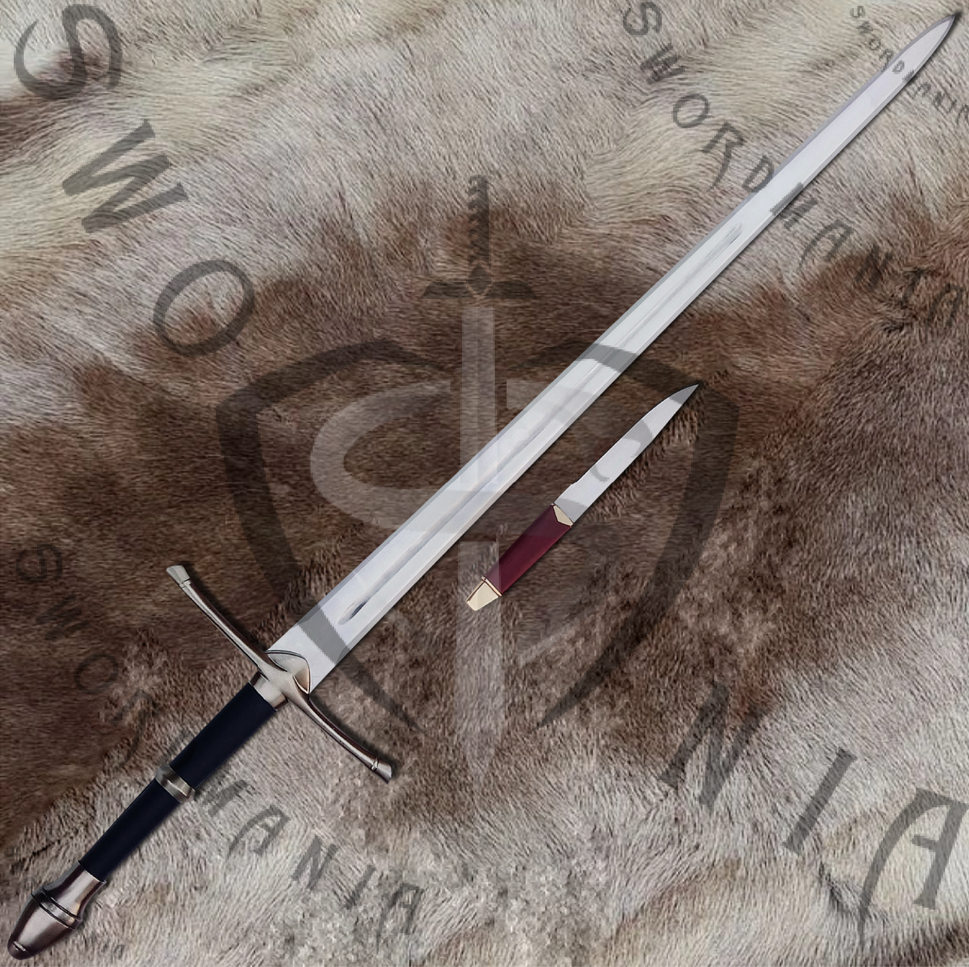 LOTR Black Strider sword of Aragorn is handmade, hand forged full tang 45in full scale sword and  included with knife both are high polish finished blade that is edged and for its safety during carriage and cosplay