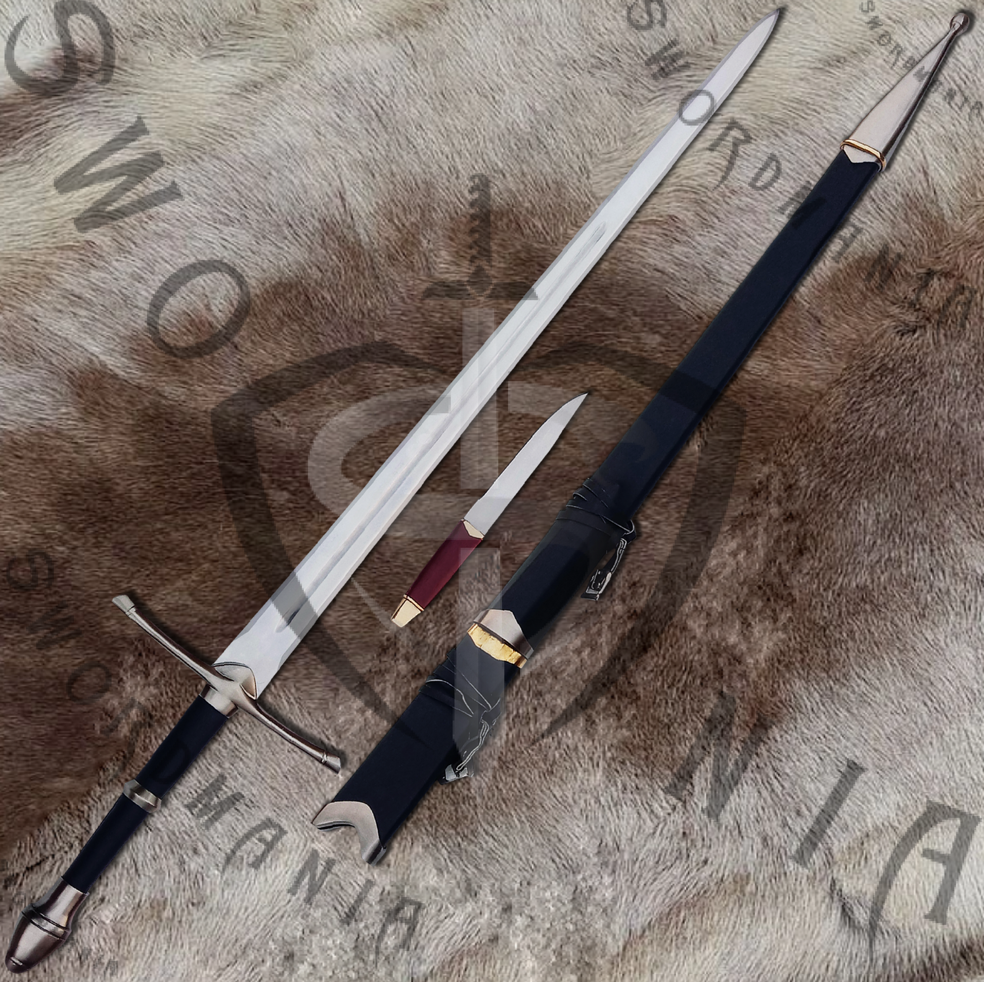 Black Strider replica sword of Aragorn is handmade, hand forged full tang 45in full scale sword with a high polish finished blade that is edged and for its safety during carriage and cosplay, we offer a free complimentary wooden scabbard stitched with pure leather and further adorned by the casted fittings knife. to perfectly couple the high quality manufacturing of the sword of aragorn by expert swordsmiths at SWORDMANIA