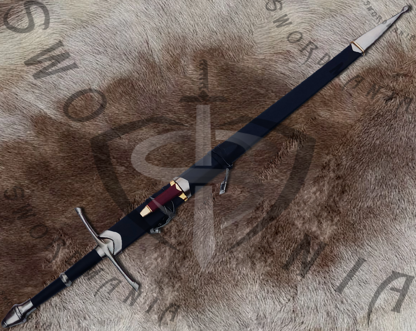 the scabbard of black strider sword is made up of wood and leather and fitted with casted metal fittings that fits precisely .The scabbard additionally also has a knife, making it a perfect survival fit.