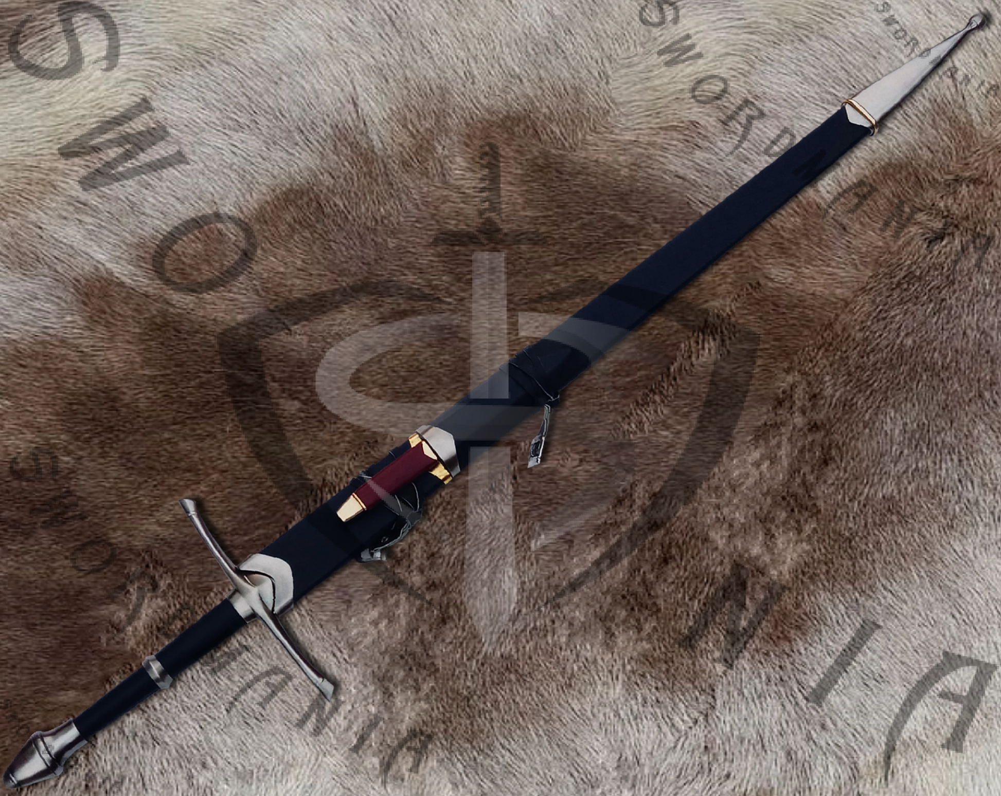 the scabbard of black strider sword is made up of wood and leather and fitted with casted metal fittings that fits precisely .The scabbard additionally also has a knife, making it a perfect survival fit.
