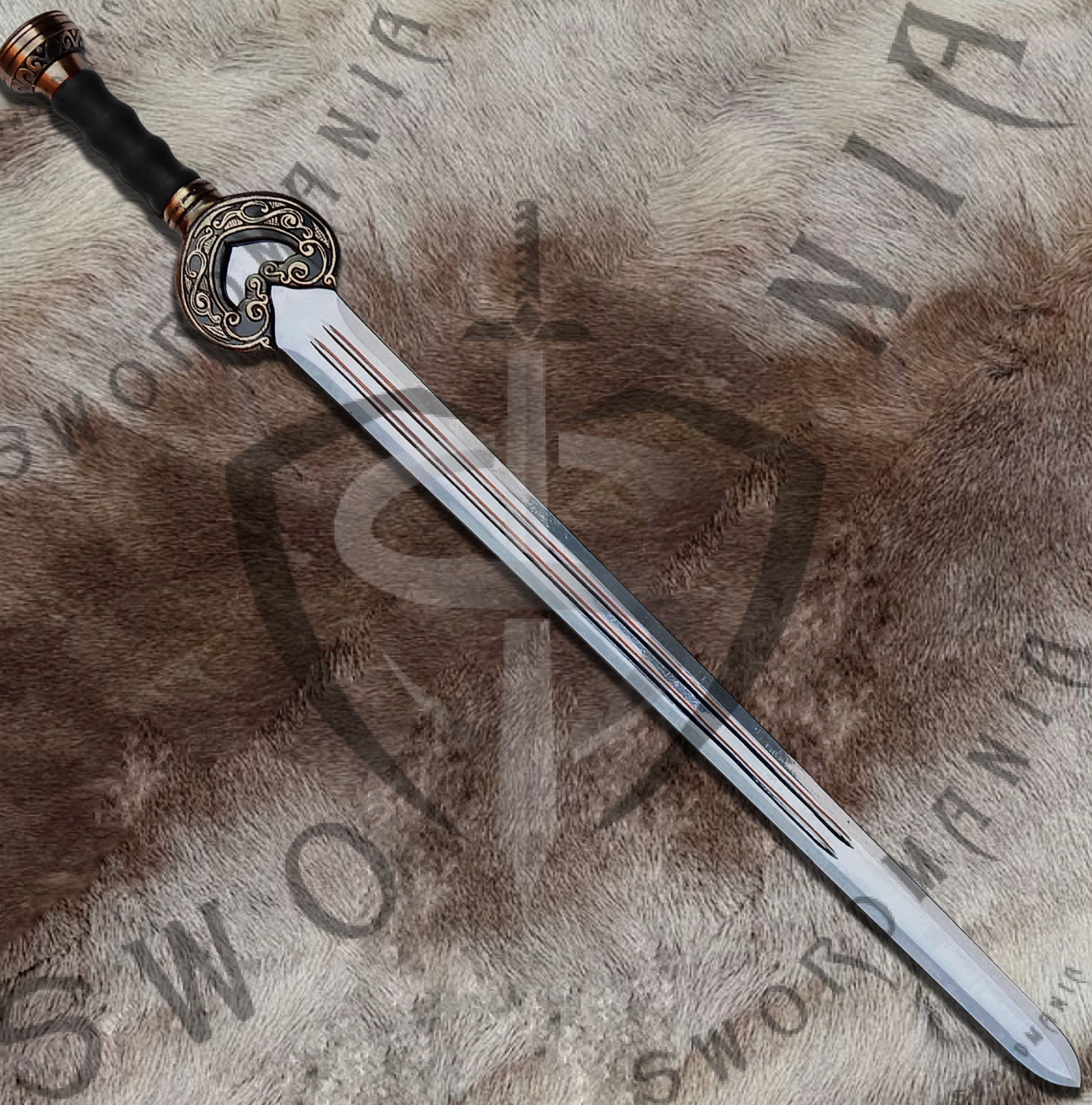 the blade of herugrim sword is high gloss finish with fuller and contains Rohan inscriptions