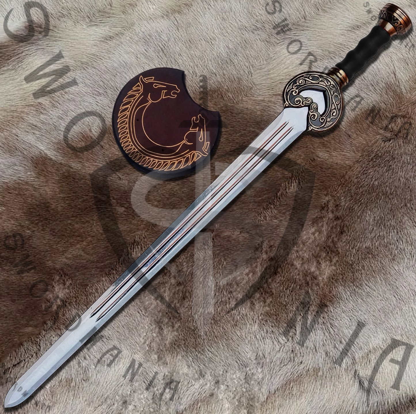 display your cosplay replica of LOTR King of Rohan Herugrim Sword of Theoden, we offer a FREE wooden complimentary plaque with metal fittings that allow you to display your sword with pride at your home or office.