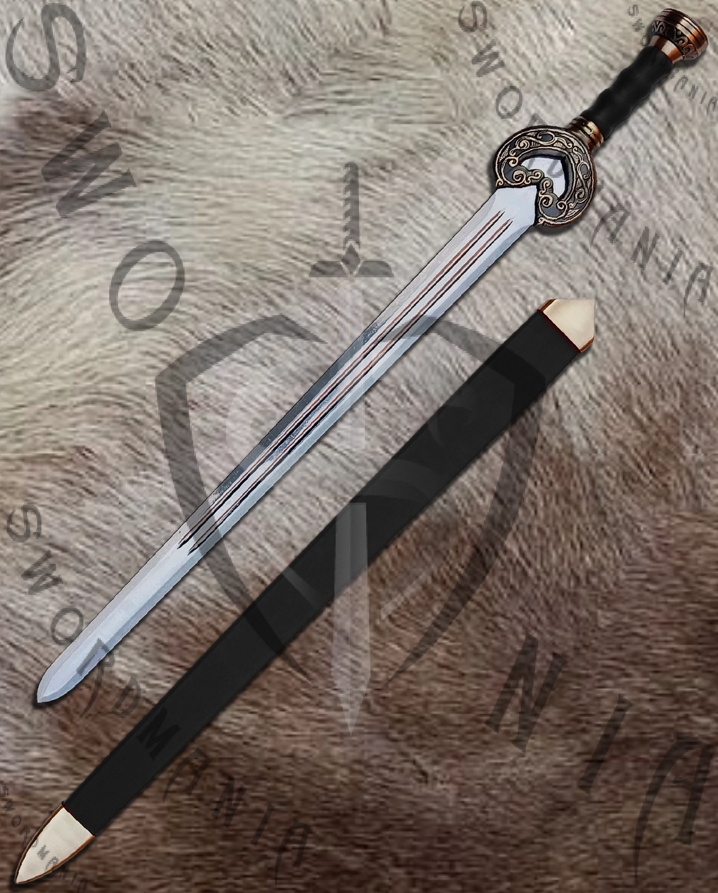 Herugrim replica sword is handmade, hand forged full tang 38in full scale sword with a high polish finished blade that is edged and for its safety during carriage and cosplay, we offer a free complimentary wooden scabbard stitched with pure leather to perfectly couple the high quality manufacturing of the sword of Theoden by expert swordsmiths at SWORDMANIA