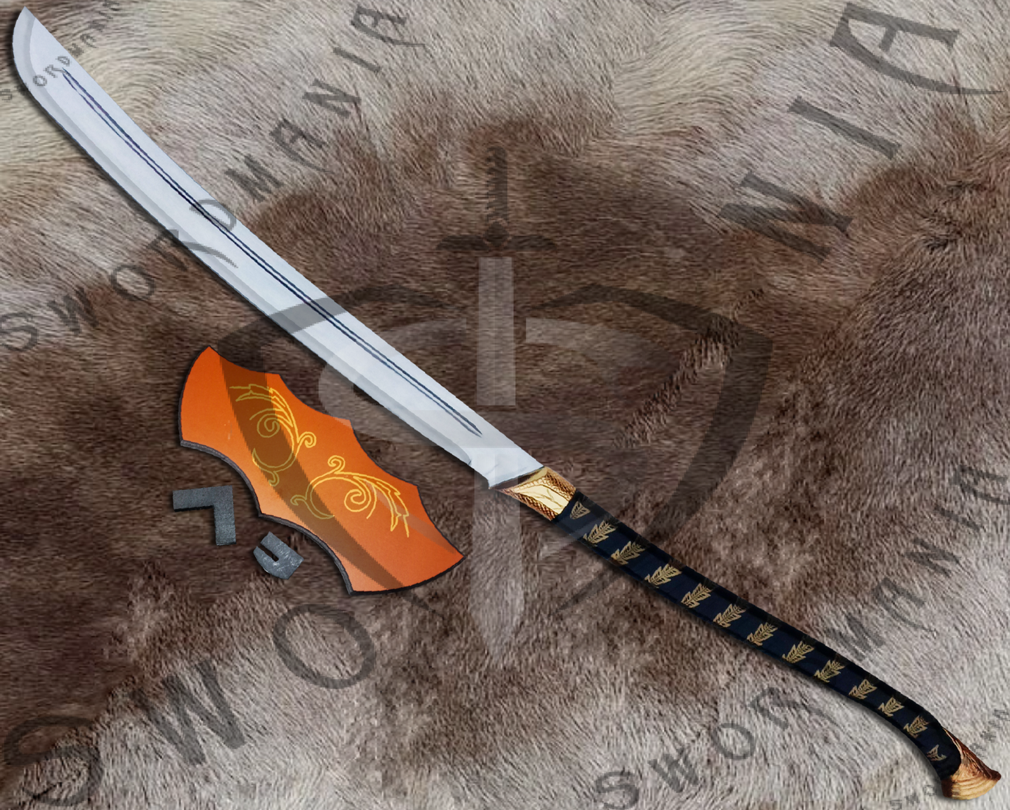 to display your cosplay replica of high elven sword we offer a FREE wooden complimentary silk printed plaque with metal fittings that allow you to display your sword with pride at your home or office.