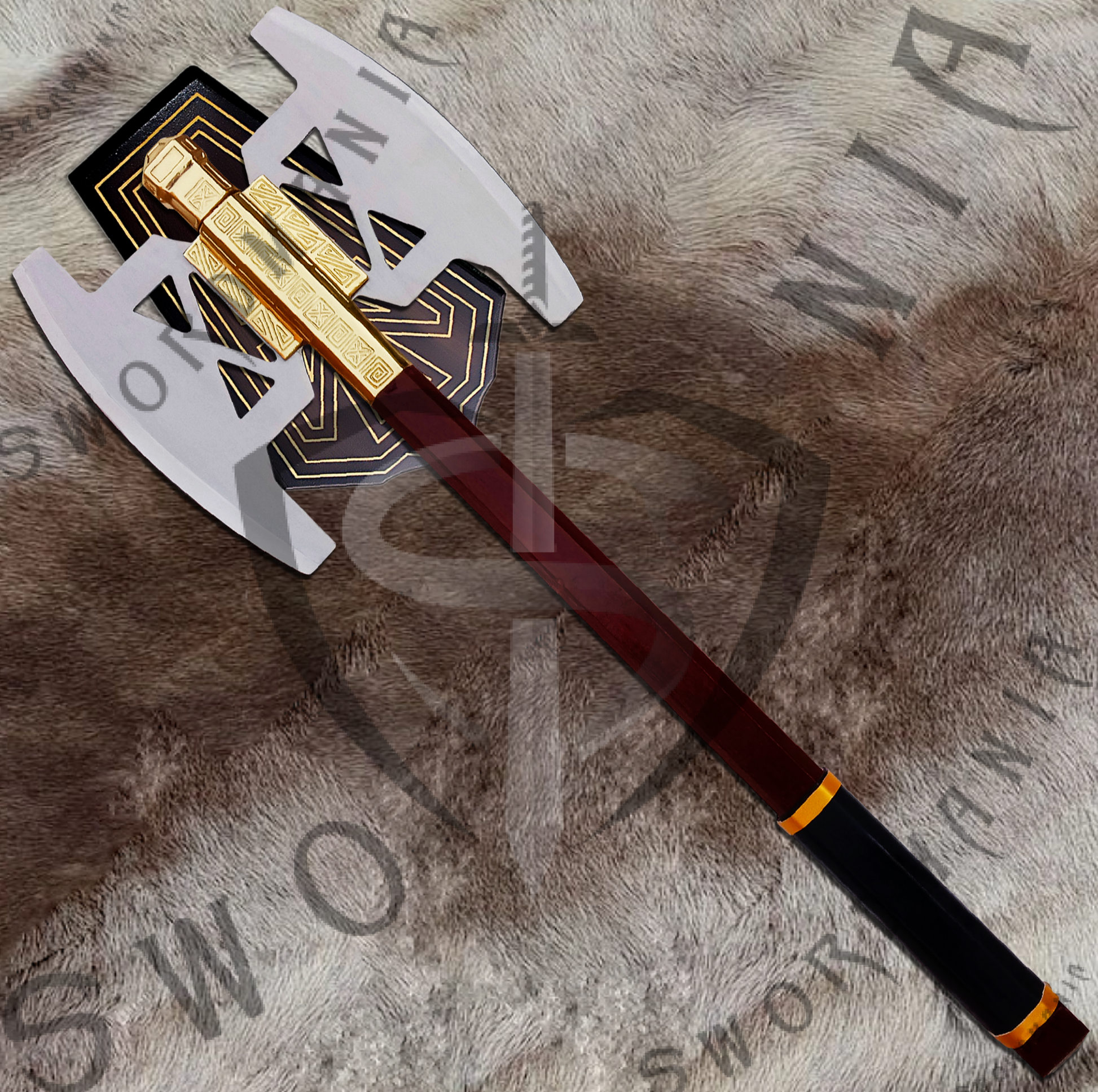 A complete set of LOTR Gold Bearded Axe of Gimli 31in axe,  a finely-crafted scabbard and a display plaque. Swordmania offers all of these in its replica of Axe of Gimli starting from just $79 with FREE shipping.