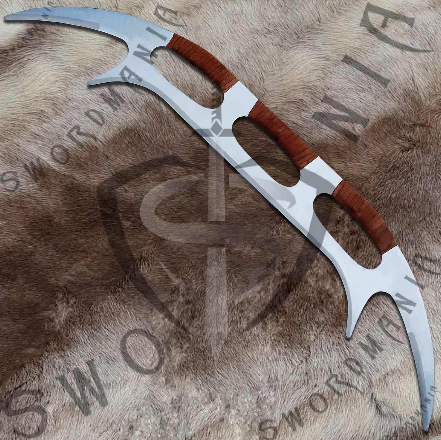 Klingon Bat'leth Sword of Klingons from Star Trek high polish with brown wrapping and sword has curved blade, four points, and three handholds on the back the handholds are used to twirl and spin the blade rapidly.