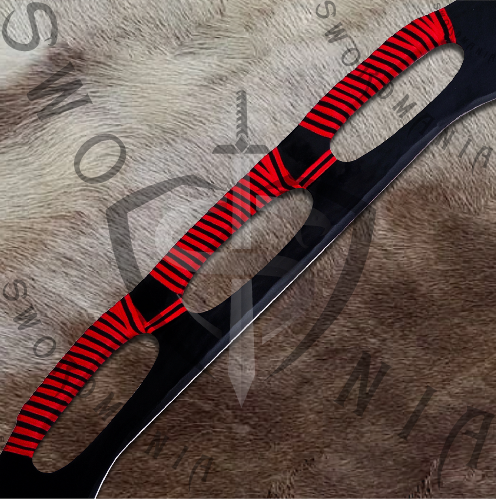 The blade of Klingon Bat'leth Sword of Klingons has curved blade, four points, and three handholds on the back  the handholds are used to hold klingon sword easily and also to to twirl and spin the blade rapidly.