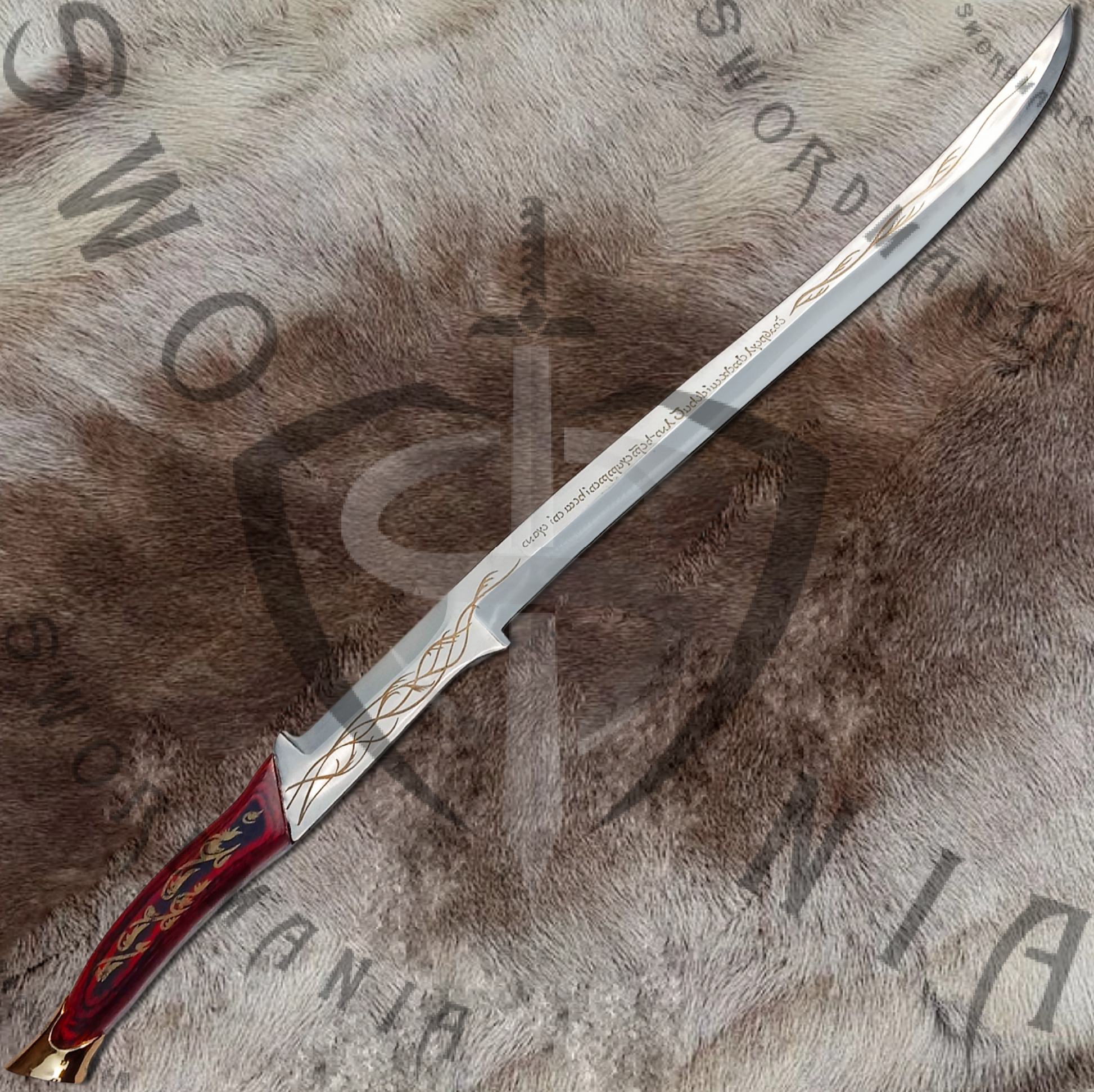 the blade of hadhafang sword is high gloss finish with fuller and contains elvish inscription  to adore  blade that pays homage to Elrond, the original owner of the sword .