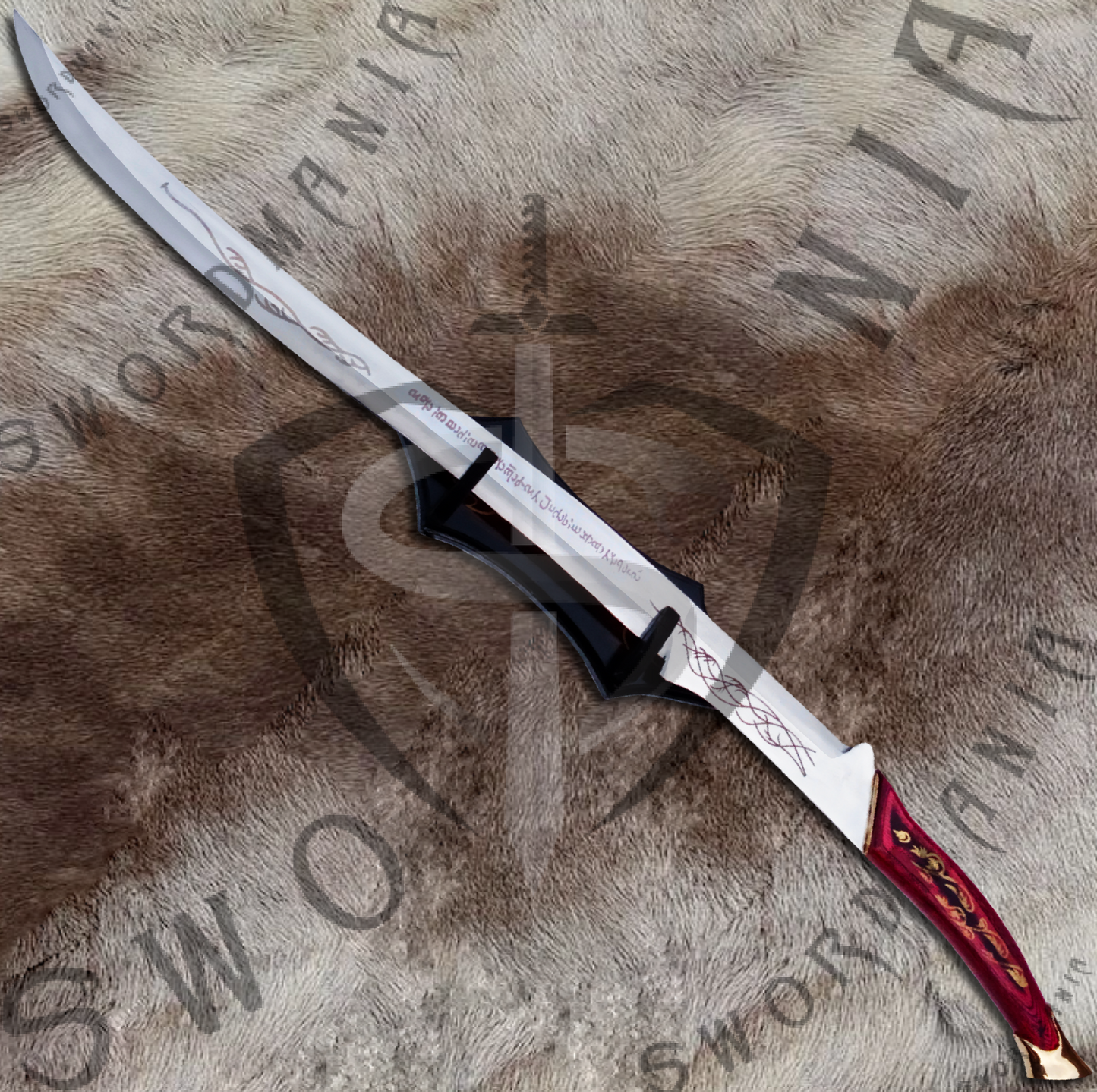 to display your cosplay replica of LOTR Hadhafang Sword of Arwen, we offer a FREE wooden complimentary silk screen printed plaque with metal fittings that allow you to display your sword with pride at your home or office.