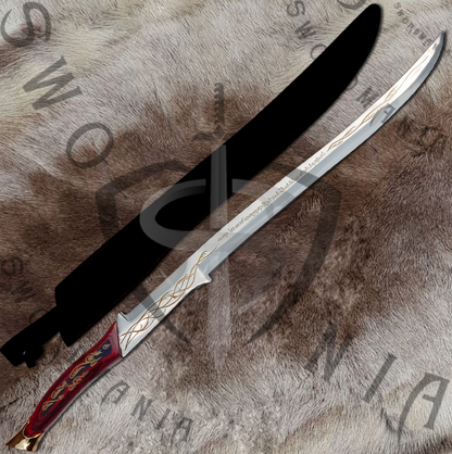 Arwen replica sword is handmade, hand forged full tang 39in full scale sword with a high polish finished blade that is edged and for its safety during carriage and cosplay, we offer a free complimentary finely crafted sheath stitched with pure leather to perfectly couple the high quality manufacturing of the sword of hadhafang by expert swordsmiths at SWORDMANIA