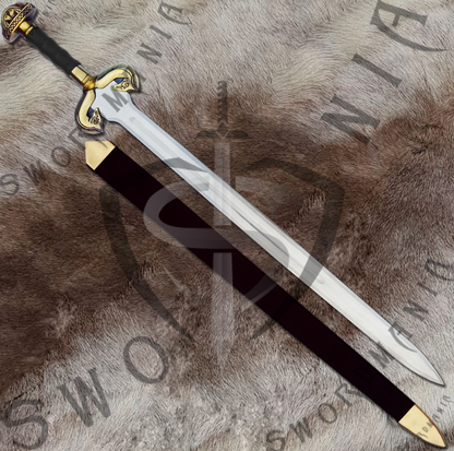 Handgrip replica sword is handmade, hand forged full tang 40in full scale sword with a high polish finished blade that is edged and for its safety during carriage and cosplay, we offer a free complimentary wooden scabbard stitched with pure leather to perfectly couple the high quality manufacturing of the sword of Ewoyn by expert swordsmiths at SWORDMANIA