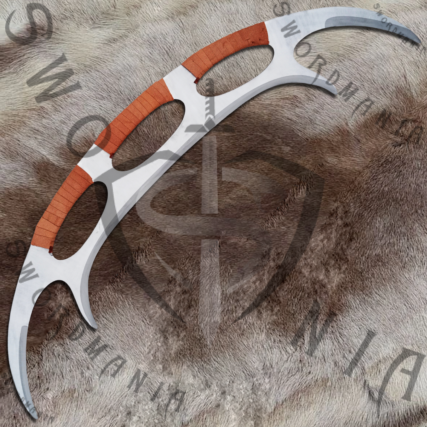 Bat'leth Sword of Klingons from Star Trek high polish with brown wrapping 45in full scale sword with a high polish finished blade that is edged and for its safety during carriage and cosplay, we offer a free complimentary stitched sheath with pure leather to perfectly couple the high quality manufacturing of the sword of Klingons by expert swordsmiths at SWORDMANIA