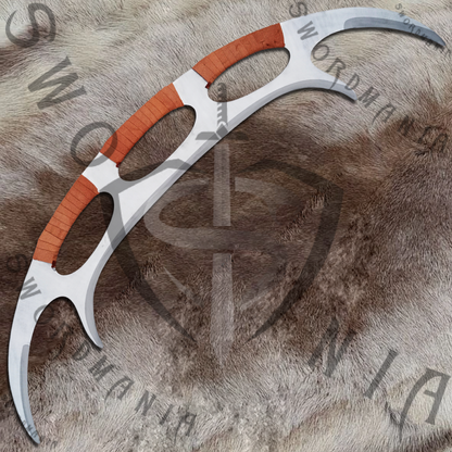 Bat'leth Sword of Klingons from Star Trek high polish with brown wrapping 45in full scale sword with a high polish finished blade that is edged and for its safety during carriage and cosplay, we offer a free complimentary stitched sheath with pure leather to perfectly couple the high quality manufacturing of the sword of Klingons by expert swordsmiths at SWORDMANIA