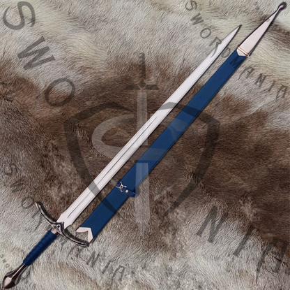 Glamdring replica sword is handmade, hand forged full tang 45in full scale sword with a high polish finished blade that is edged and for its safety during carriage and cosplay, we offer a free complimentary wooden scabbard stitched with pure leather to perfectly couple the high quality manufacturing of the sword of aragorn by expert swordsmiths at SWORDMANIA