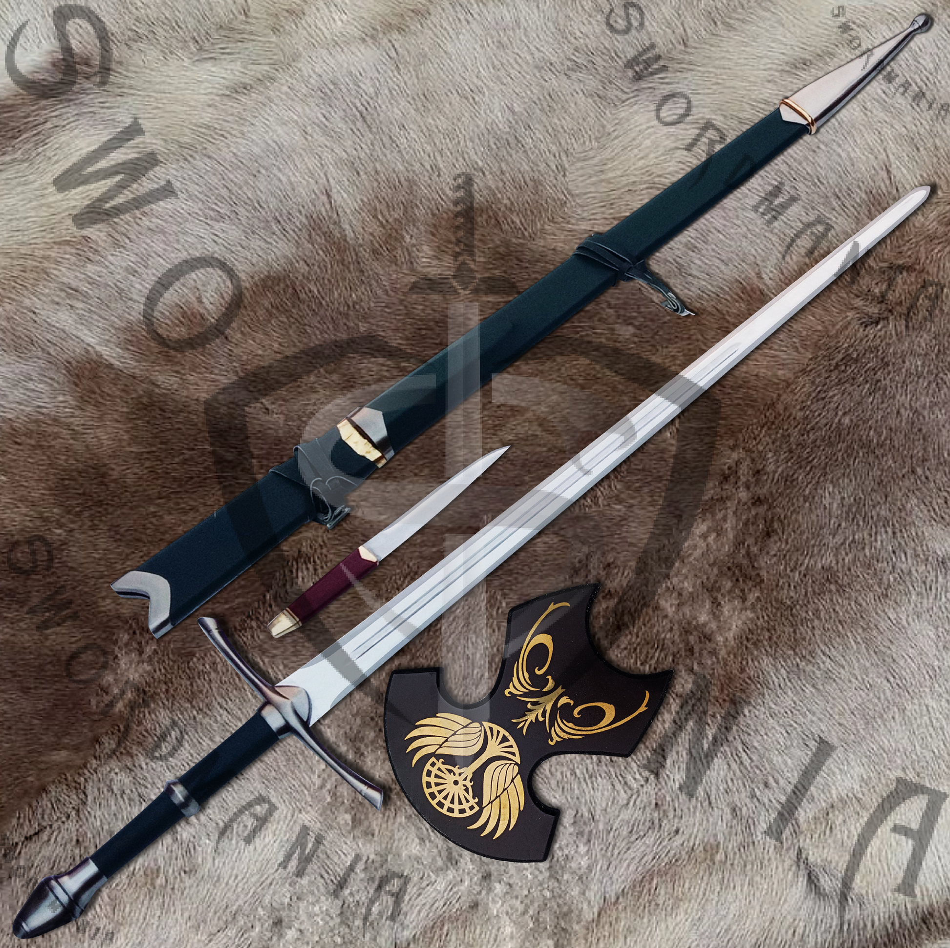 A complete set of  Green Strider Sword as it became  king Elessar II contains a 45in sword, a wooden scabbard and a display plaque.,further adorned by the casted fittings  knife. Swordmania offers all of these in its replica of Strider Sword of Aragorn, starting from just $79 with FREE shipping options available in some parts of USA, Canada & UK.