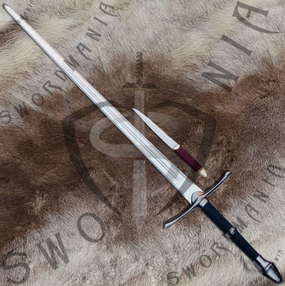 LOTR Strider sword of Aragorn is handmade, hand forged full tang 45in full scale sword and  included with knife both are high polish finished blade that is edged and for its safety during carriage and cosplay