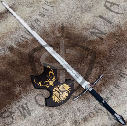 to display your cosplay replica of LOTR  Aragorn's Strider Sword, we offer a FREE wooden complimentary plaque with metal fittings that allow you to display your sword with pride at your home or office.