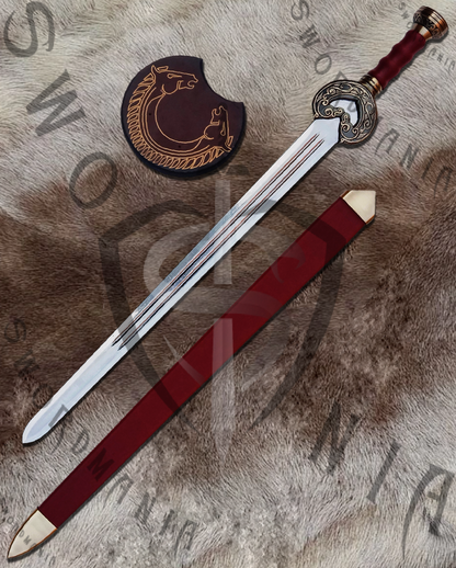 A complete set of Theoden Herugrim Sword as King of Rohan contains a 38in sword, a wooden scabbard and a display plaque. Swordmania offers all of these in its replica of Herugrim Sword of Theoden, starting from just $79 with FREE shipping options available in some parts of USA, Canada & UK.