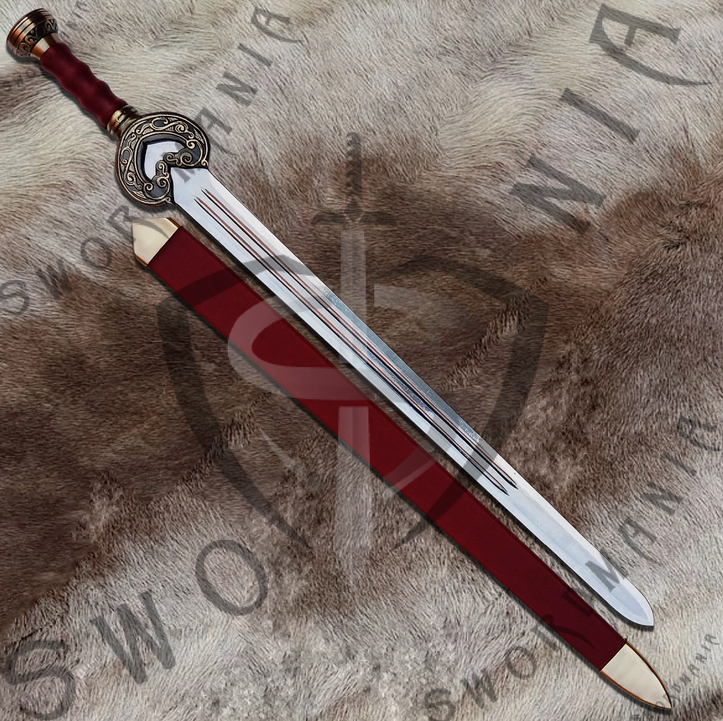 Herugrim replica sword is handmade, hand forged full tang 38in full scale sword with a high polish finished blade that is edged and for its safety during carriage and cosplay, we offer a free complimentary wooden scabbard stitched with pure leather to perfectly couple the high quality manufacturing of the sword of Theoden by expert swordsmiths at SWORDMANIA