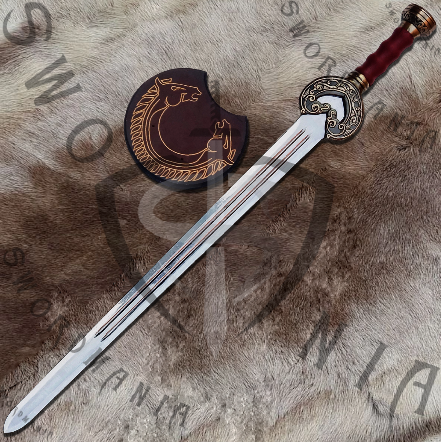  display your cosplay replica of LOTR King of Rohan Herugrim Sword of Theoden, we offer a FREE wooden complimentary plaque with metal fittings that allow you to display your sword with pride at your home or office.