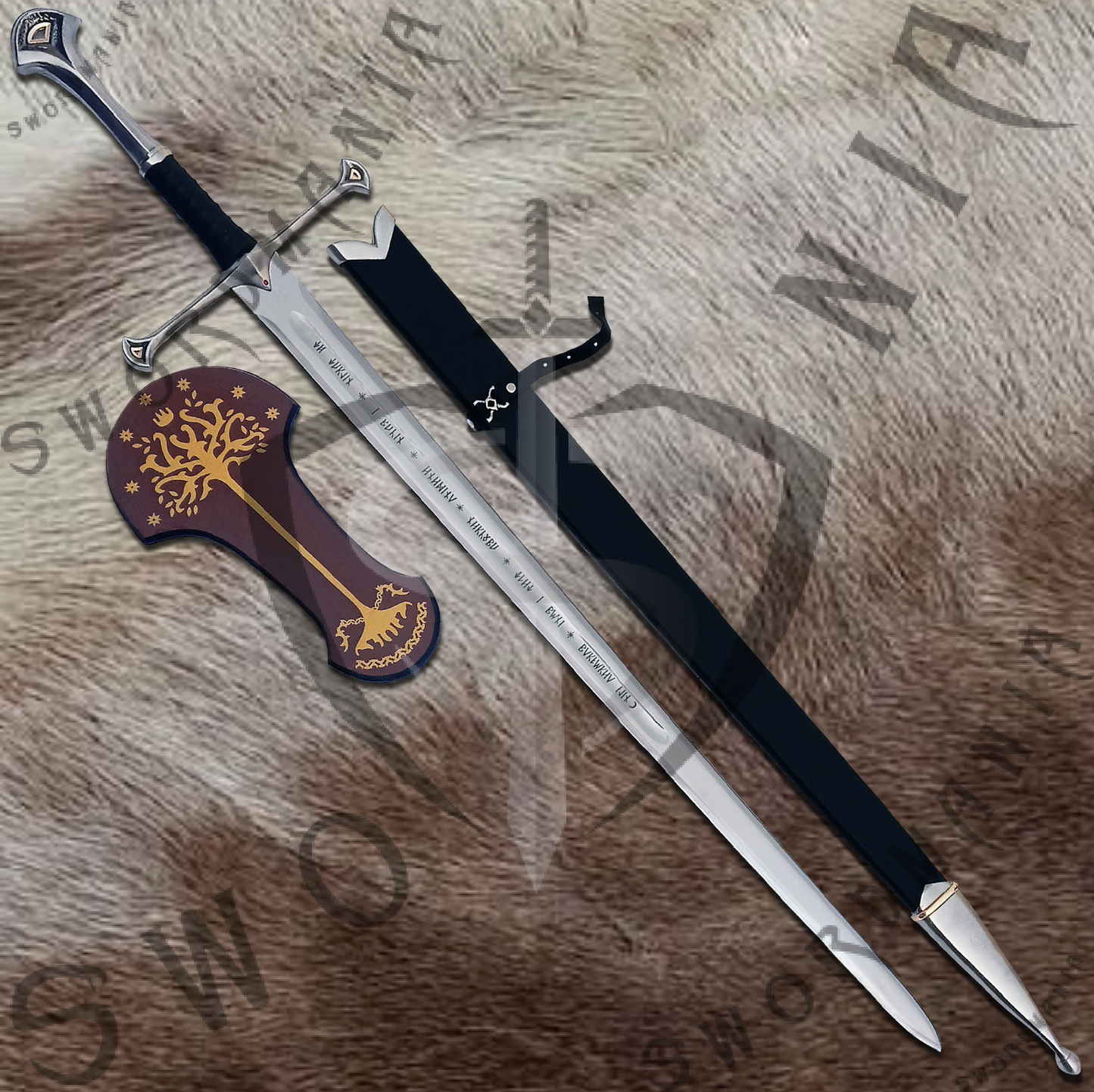 A complete set of Aragorn's Anduril Sword as King Elesser's Sword (UC 1380) contains a 45in sword, a wooden scabbard and a display plaque. Swordmania offers all of these in its replica of Anduril Sword of Aragorn, starting from just $79 with FREE shipping options available in some parts of USA, Canada & UK.