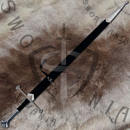 the scabbard of anduril sword is made up of wood and fitted with casted metal fittings and leather and fits precisely the anduril sword