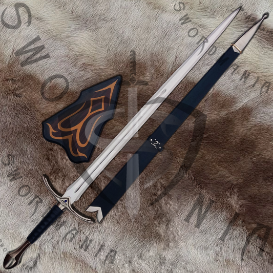 A complete set of LOTR Black Glamdring Sword of Gandalf  a 45in sword, a wooden scabbard and a display plaque. Swordmania offers all of these in its replica of sword , starting from just $79 with FREE shipping options available in some parts of USA, Canada & UK.