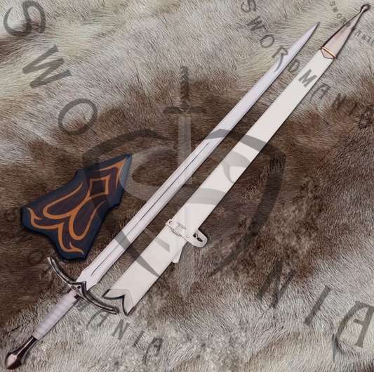 A complete set of LOTR White Glamdring Sword of Gandalf  a 45in sword, a wooden scabbard and a display plaque. Swordmania offers all of these in its replica of sword , starting from just $79 with FREE shipping options available in some parts of USA, Canada & UK.