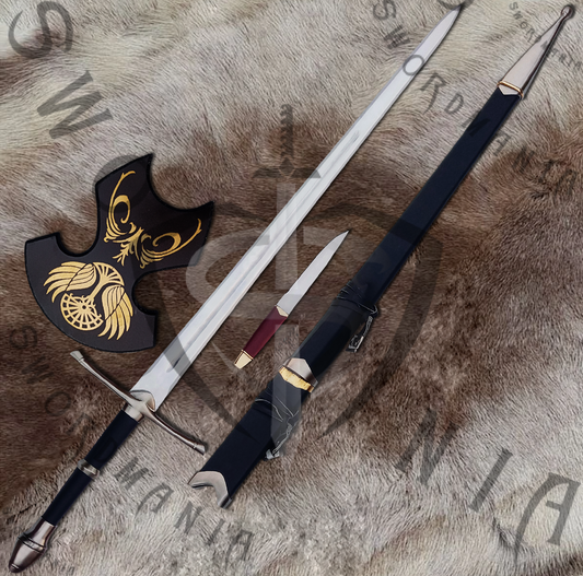 A complete set of Black Strider Sword as it became  king Elessar II contains a 45in sword, a wooden scabbard and a display plaque.,further adorned by the casted fittings  knife. Swordmania offers all of these in its replica of Strider Sword of Aragorn, starting from just $79 with FREE shipping options available in some parts of USA, Canada & UK.