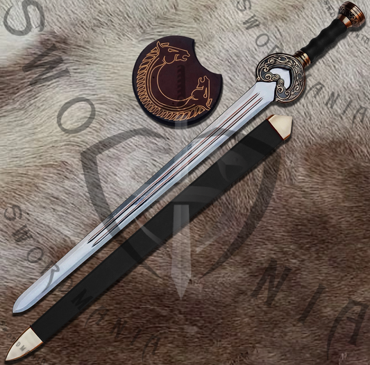 A complete set of Theoden Herugrim Sword as King of Rohan contains a 38in sword, a wooden scabbard and a display plaque. Swordmania offers all of these in its replica of Herugrim Sword of Theoden, starting from just $79 with FREE shipping options available in some parts of USA, Canada & UK.