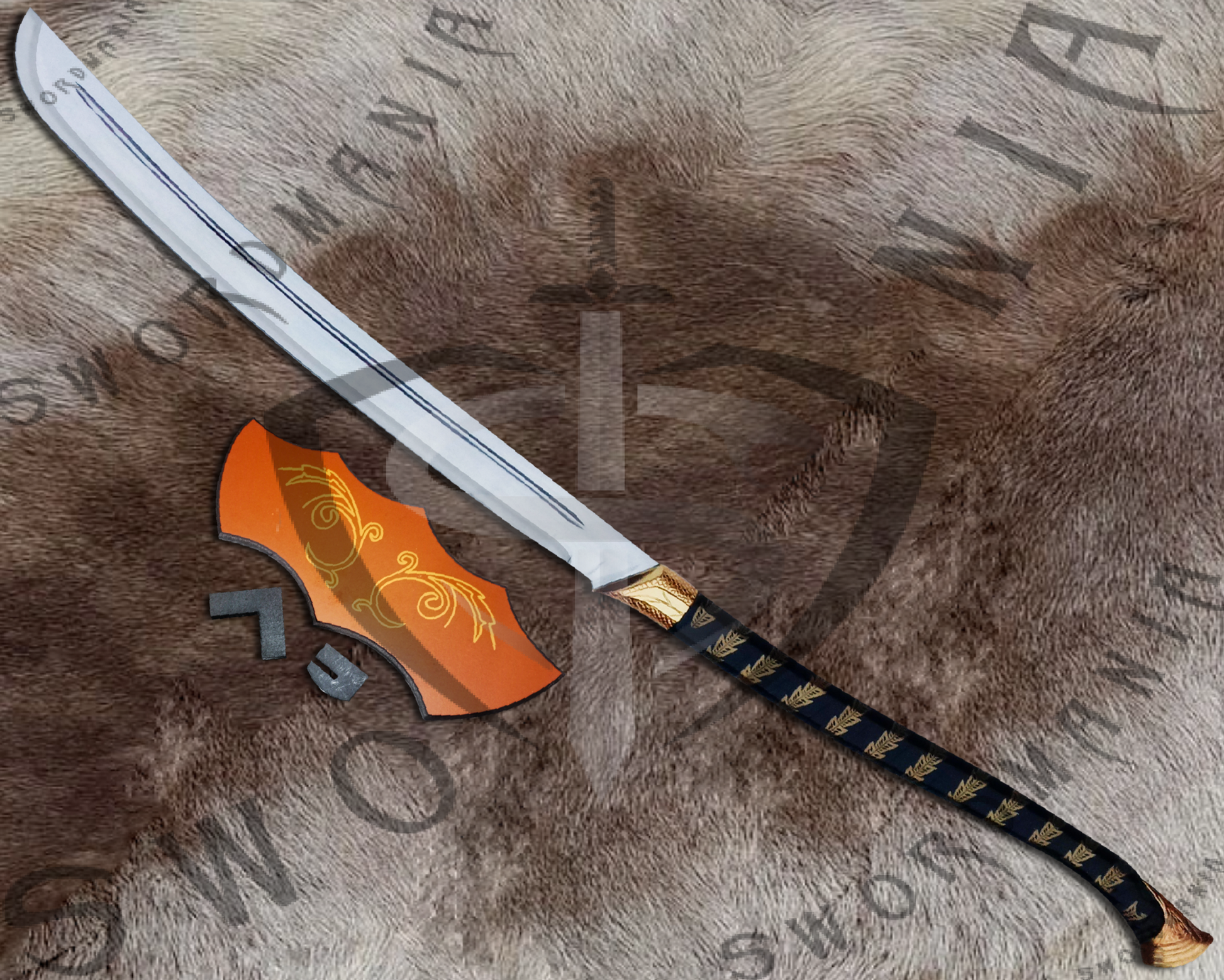 to display your cosplay replica of high elven sword  we offer a FREE wooden complimentary silk printed plaque with metal fittings that allow you to display your sword with pride at your home or office.