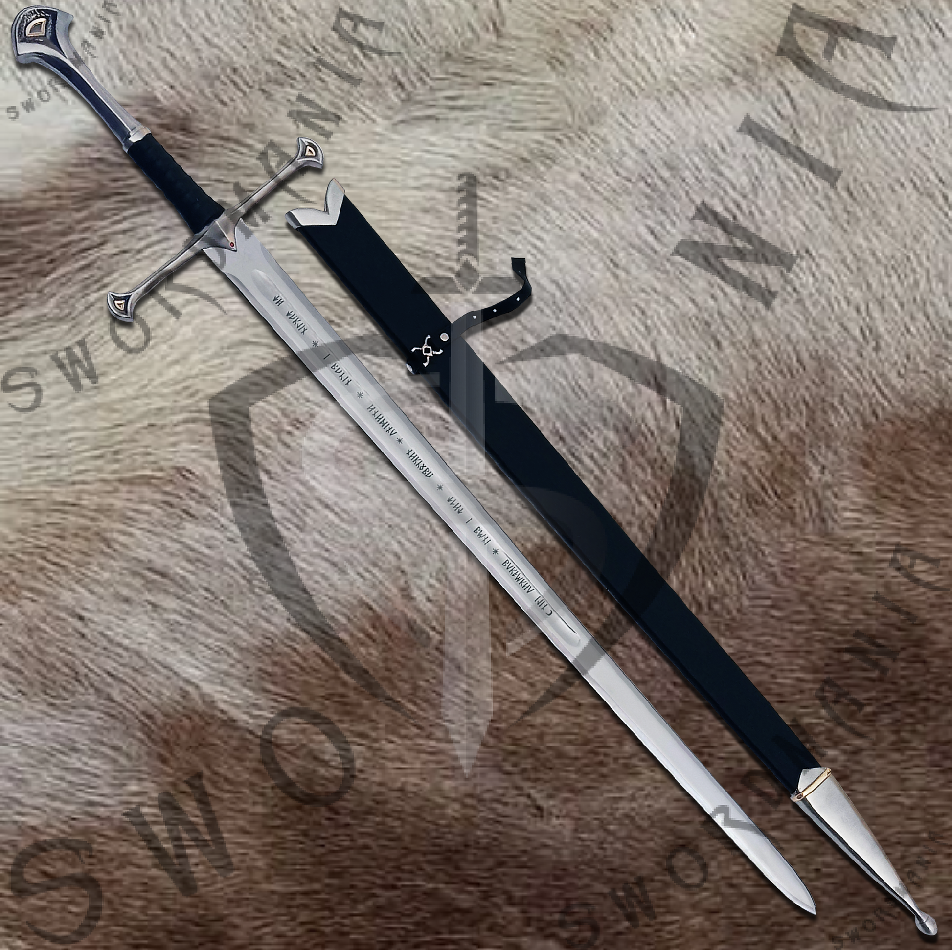 Anduril's replica sword is handmade, hand forged full tang 45in full scale sword with a high polish finished blade that is edged and for its safety during carriage and cosplay, we offer a free complimentary wooden scabbard stitched with pure leather to perfectly couple the high quality manufacturing of the sword of aragorn by expert swordsmiths at SWORDMANIA