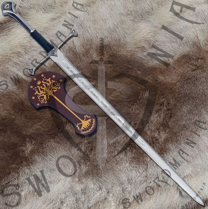 to display your cosplay replica of LOTR King Aragorn's Anduril Sword, we offer a FREE wooden complimentary plaque with metal fittings that allow you to display your sword with pride at your home or office.