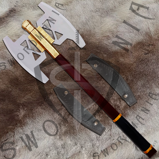 A complete set of LOTR Gold Bearded Axe of Gimli 31in axe,  a finely-crafted scabbard and a display plaque. Swordmania offers all of these in its replica of Axe of Gimli starting from just $79 with FREE shipping.